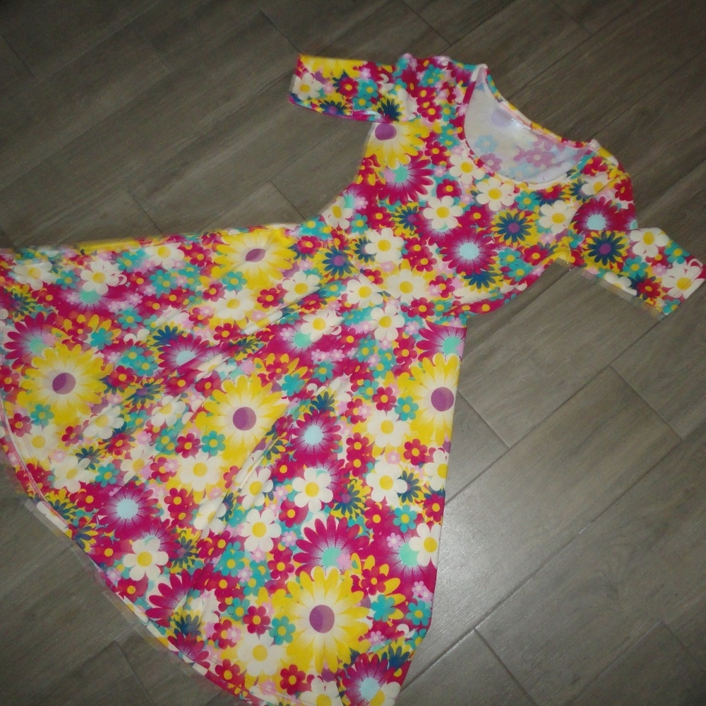 LuLaRoe NICOLE PINK YELLOW FLOWER POWER DRESS SZ S